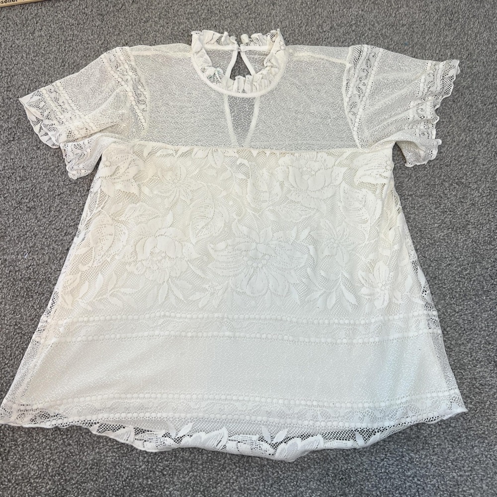 Show Me Your Mumu Floral Lace‎ Blouse Womens XS White Ruffle Mock Neck Sheer Top